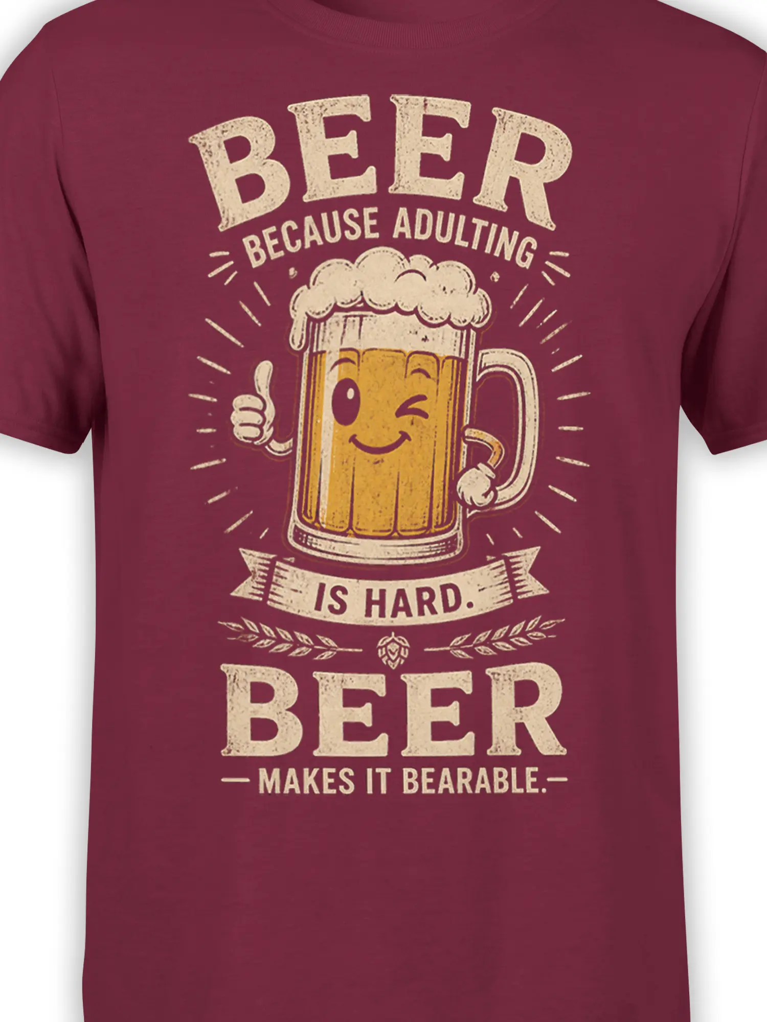 Close-up of smiling beer mug and vintage lettering on burgundy adulting humor T-shirt