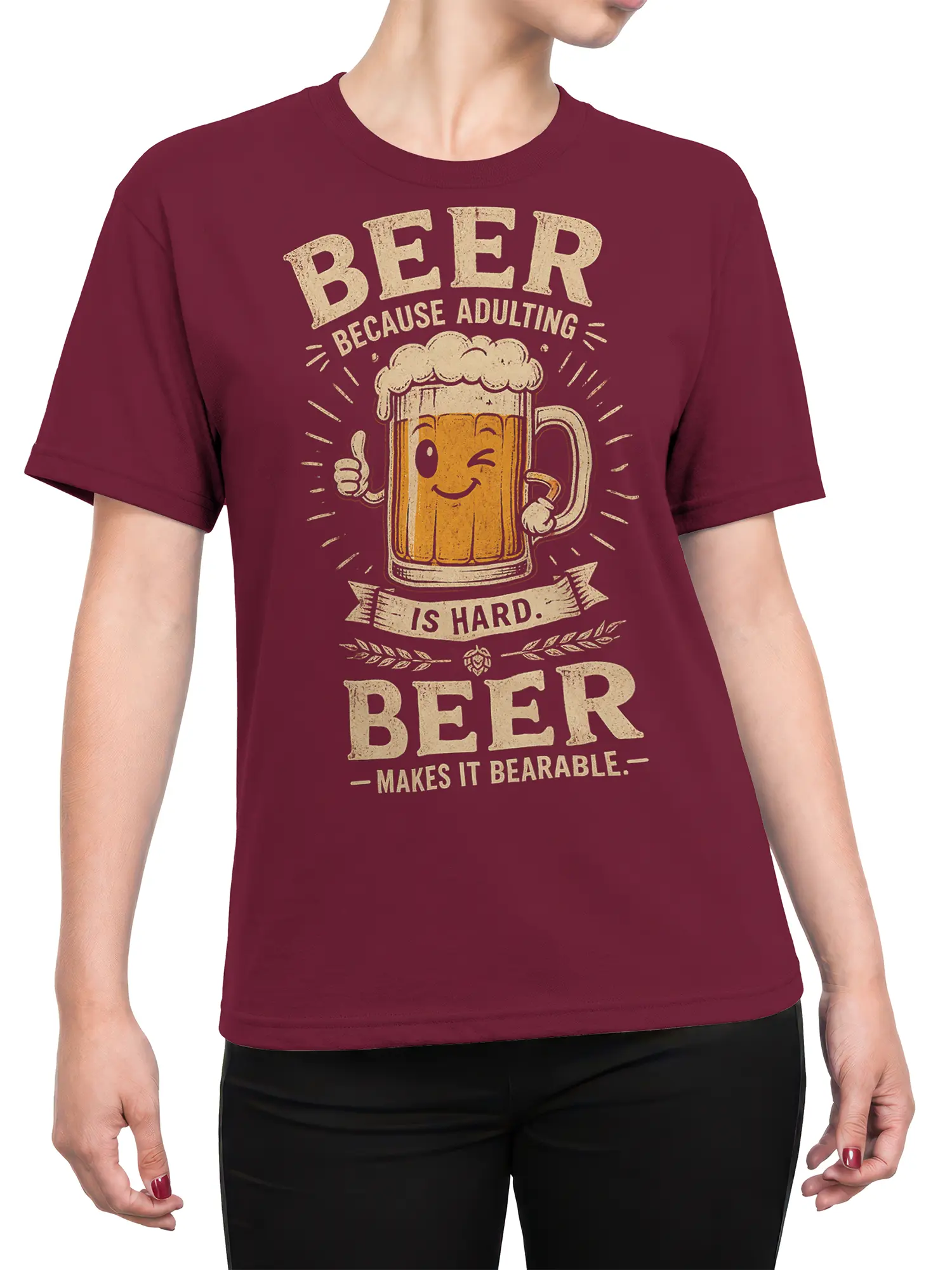 Female torso wearing burgundy beer T-shirt with smiling mug and adulting humor design