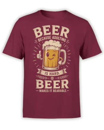 Vintage burgundy beer T-shirt with smiling mug, thumbs up, and “Beer Because Adulting Is Hard” text