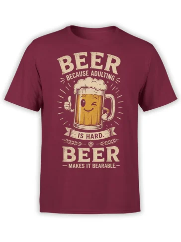 Vintage burgundy beer T-shirt with smiling mug, thumbs up, and “Beer Because Adulting Is Hard” text