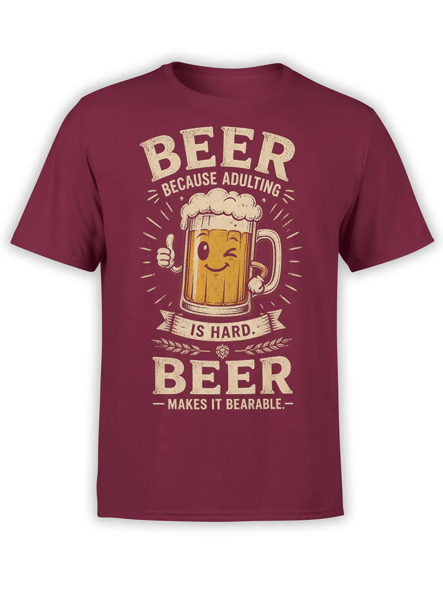 Vintage burgundy beer T-shirt with smiling mug, thumbs up, and “Beer Because Adulting Is Hard” text