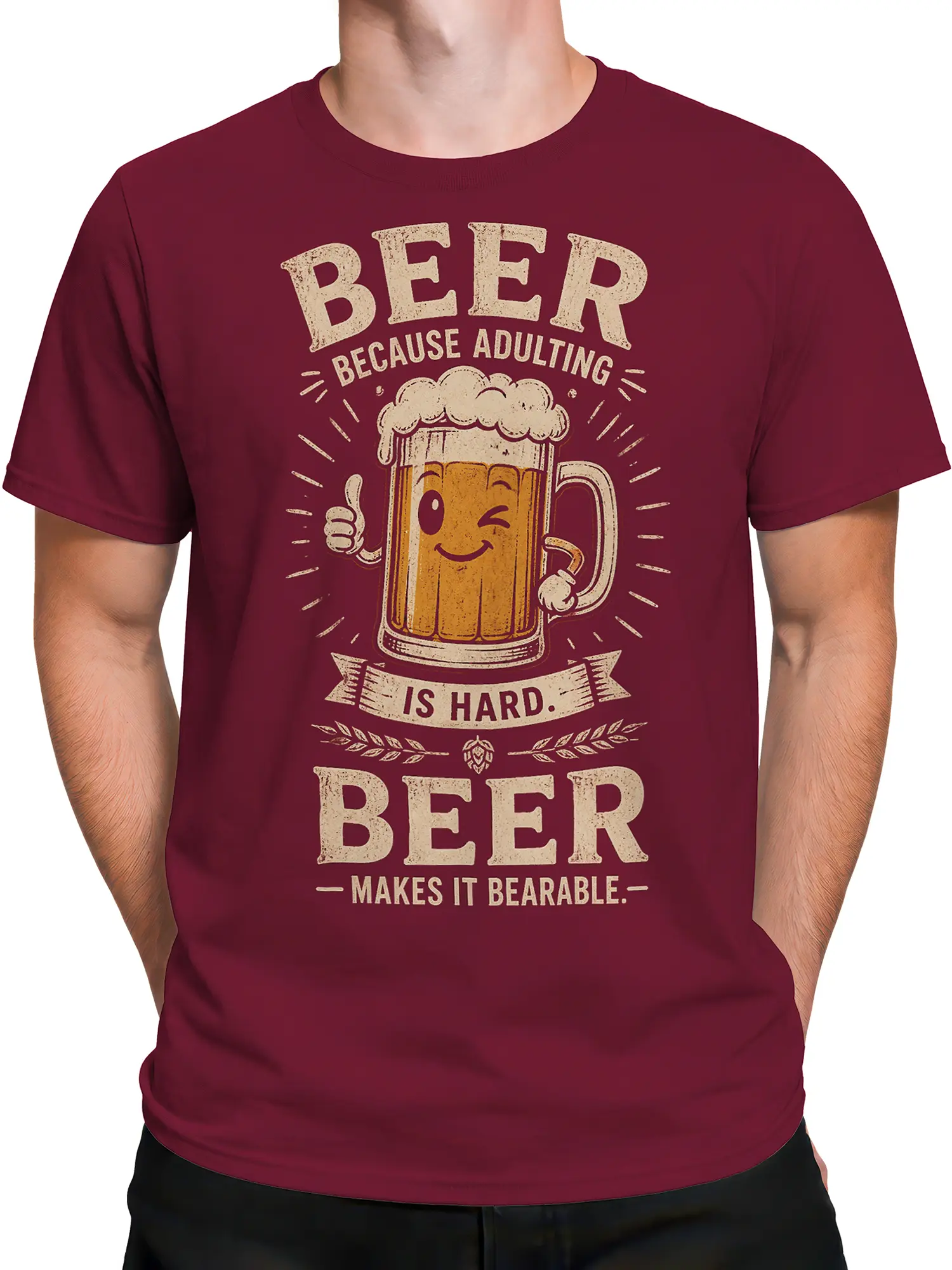 Male torso wearing burgundy beer T-shirt with vintage mug and adulting message