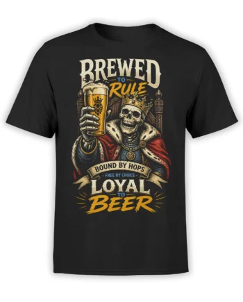 Crowned skeleton holding a beer mug on a black beer graphic T-shirt with bold royal lettering
