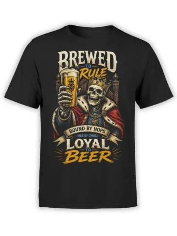 Crowned skeleton holding a beer mug on a black beer graphic T-shirt with bold royal lettering