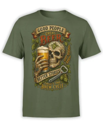 Green beer T-shirt with a vintage skull holding a pint, hops, wheat, and Better Stories banner