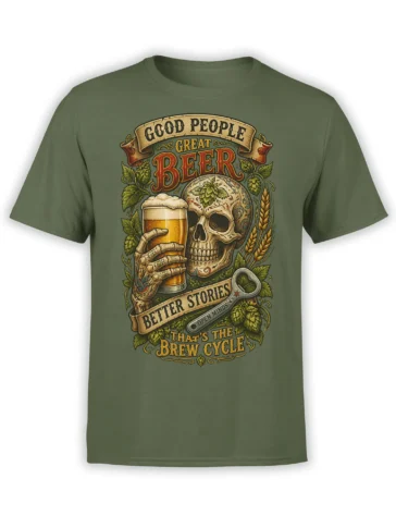 Green beer T-shirt with a vintage skull holding a pint, hops, wheat, and Better Stories banner