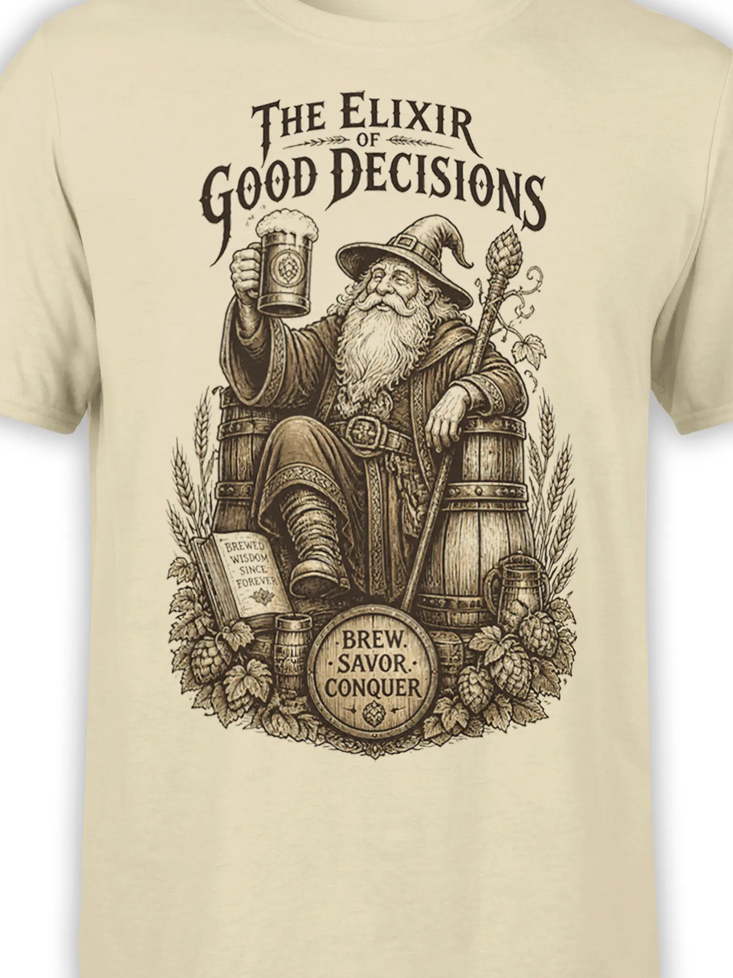 Close-up of vintage wizard beer artwork with hops, barrels, and Brew Savor Conquer lettering on beige fabric