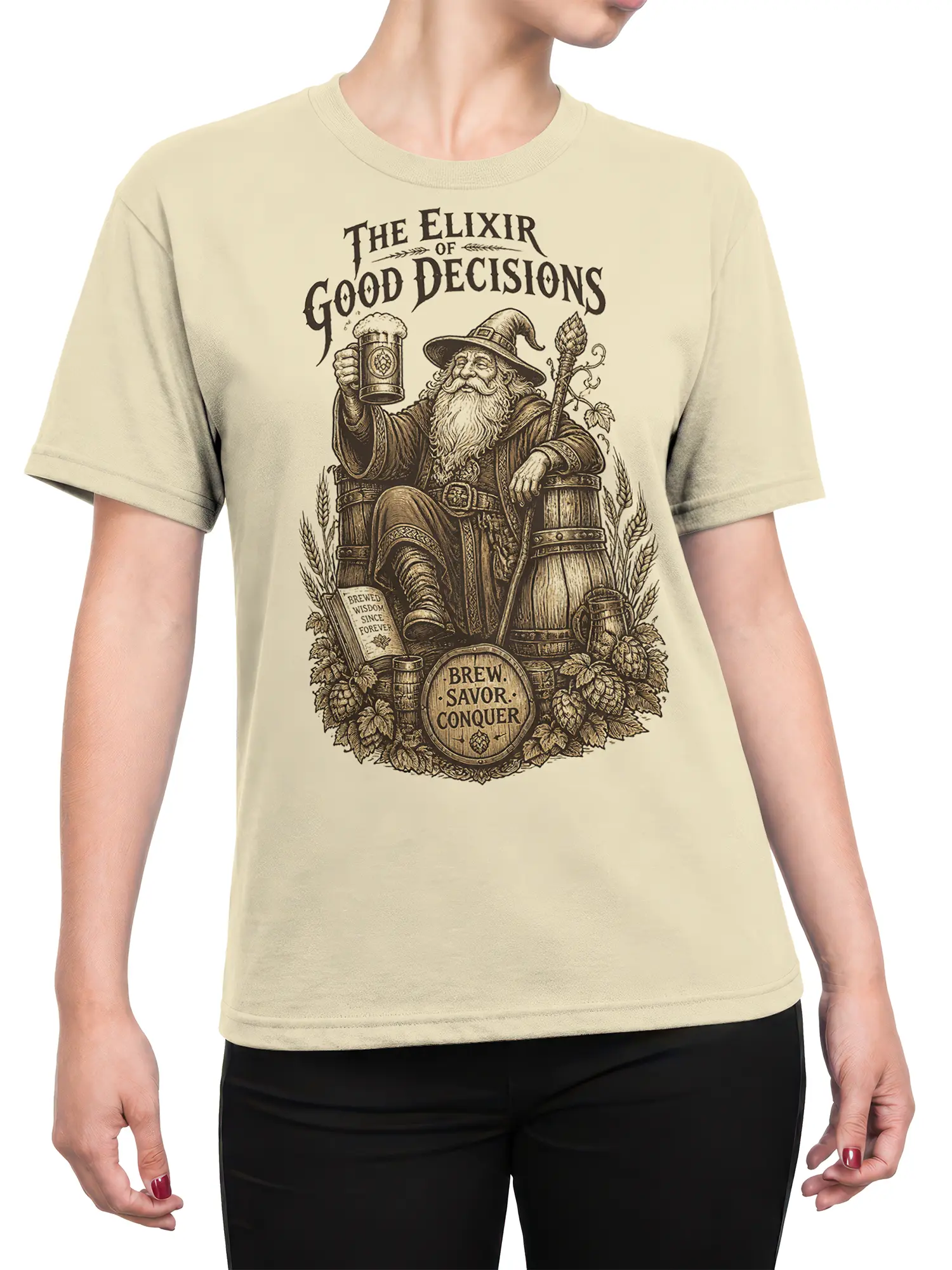 Female torso wearing a beige wizard beer T-shirt with medieval brewing artwork and raised mug design