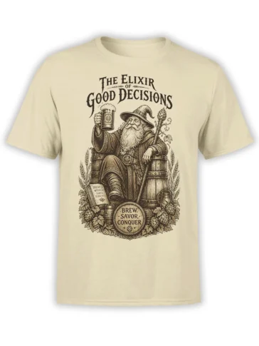 Beige beer T-shirt with a vintage wizard holding a mug beneath The Elixir of Good Decisions lettering