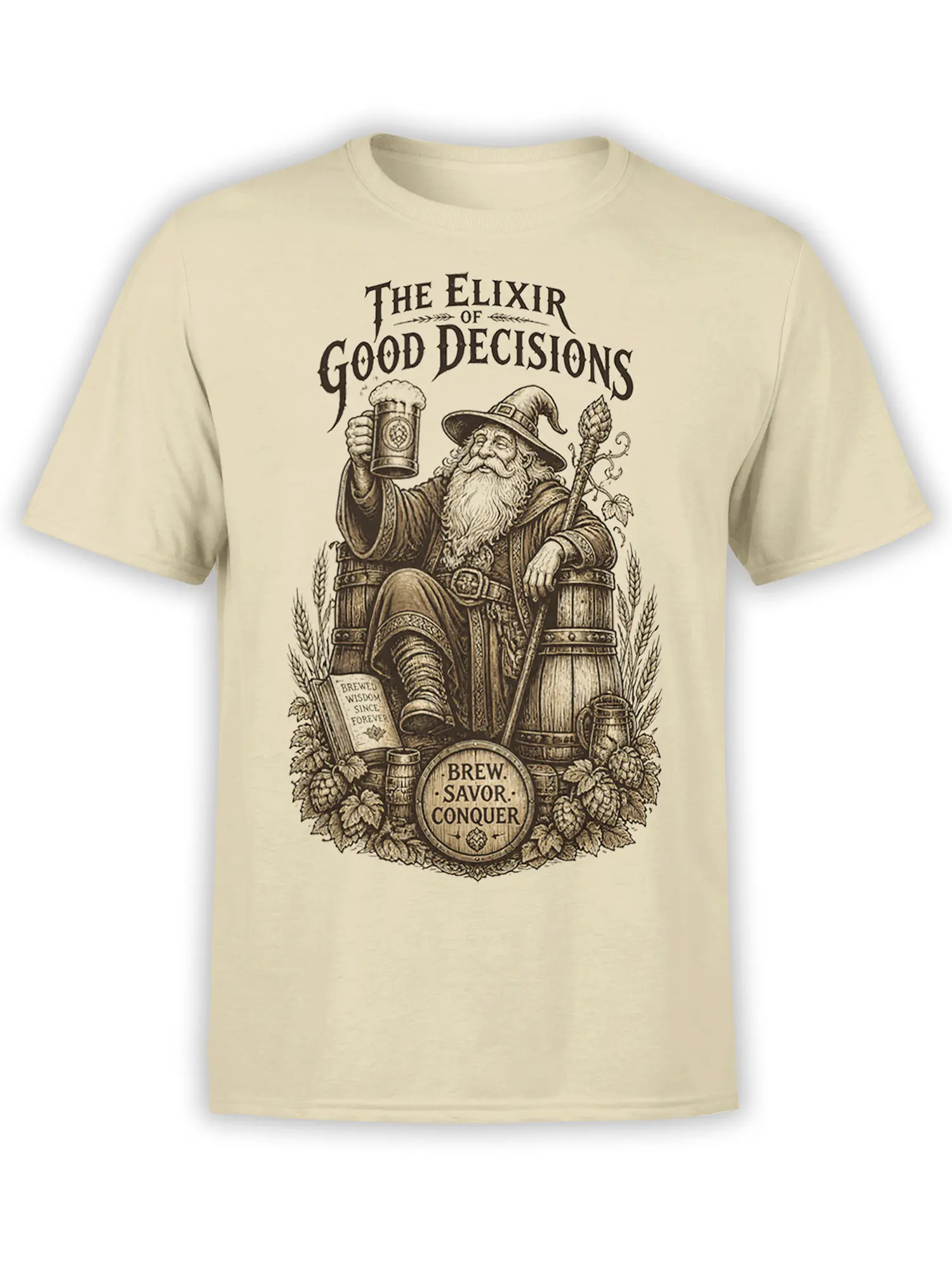 Beige beer T-shirt with a vintage wizard holding a mug beneath The Elixir of Good Decisions lettering