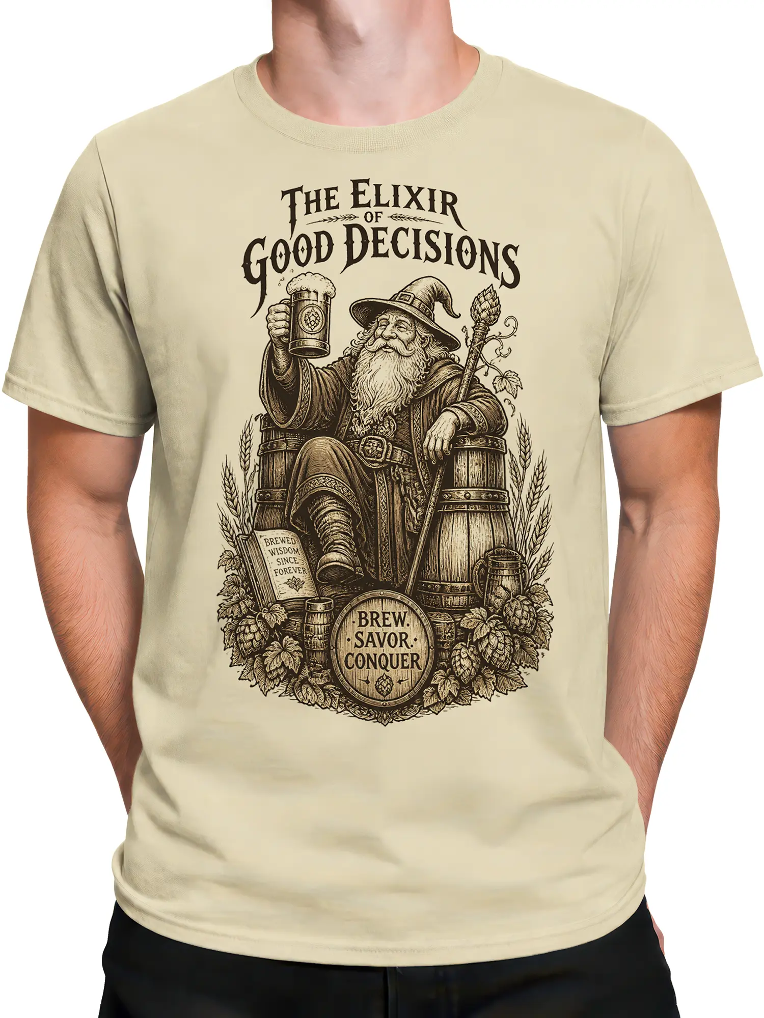 Male torso wearing a beige vintage beer T-shirt with wizard, hops, barrels, and brewing wisdom artwork