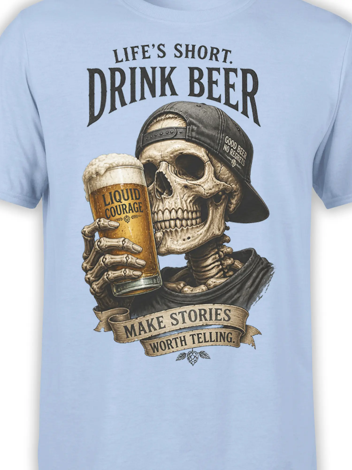 Close-up of skeleton beer artwork with Liquid Courage glass and vintage lettering on a light blue shirt