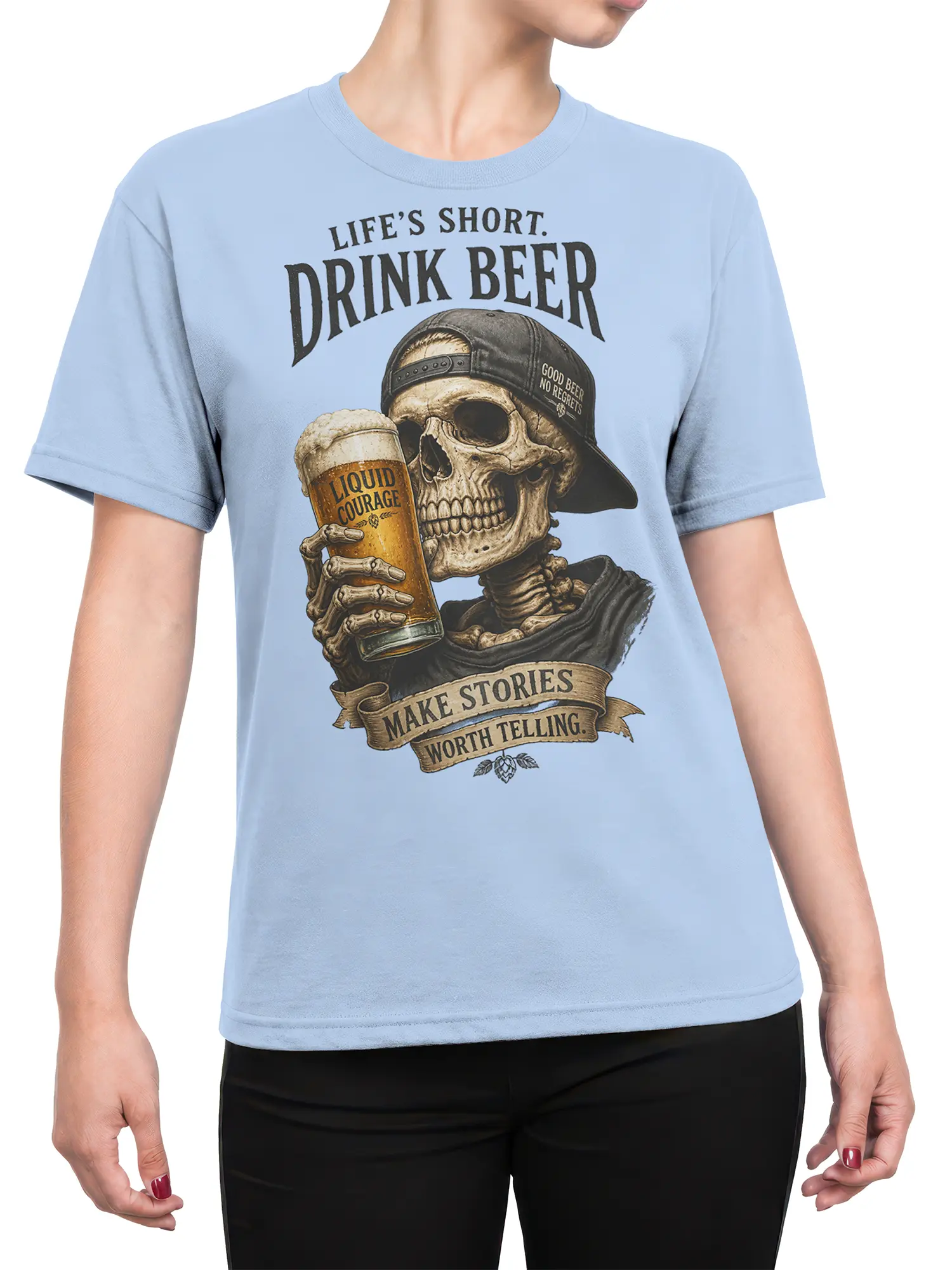 Female torso wearing a light blue skeleton beer T-shirt with vintage drinking slogans and a Liquid Courage glass