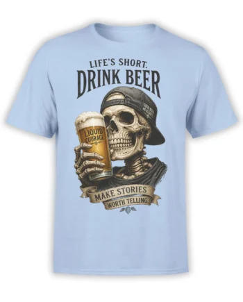 Light blue beer T-shirt featuring a skeleton in a backward cap holding a glass labeled Liquid Courage
