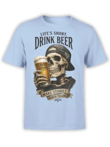Light blue beer T-shirt featuring a skeleton in a backward cap holding a glass labeled Liquid Courage