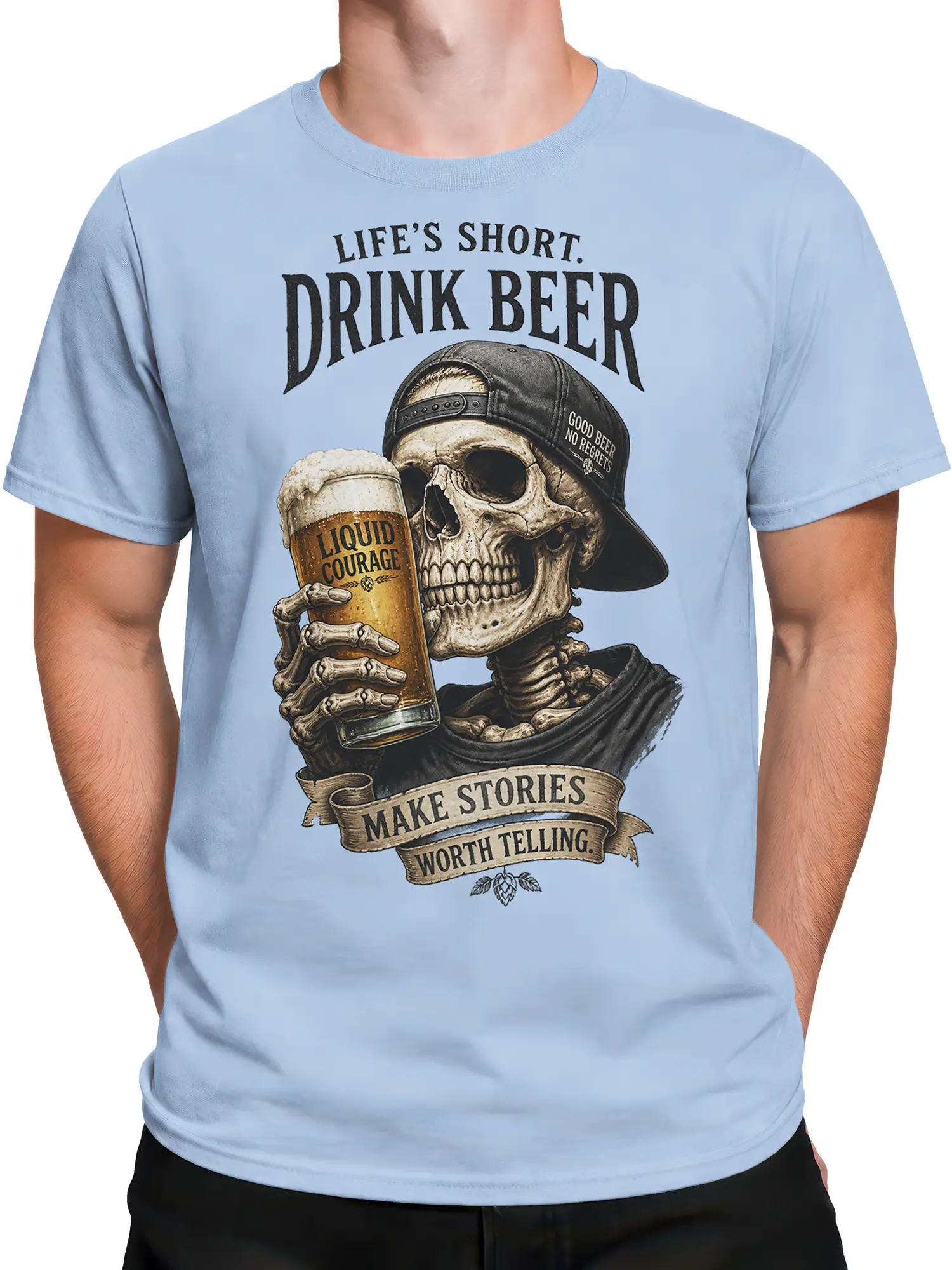 Male torso wearing a light blue beer graphic tee with a skeleton, backward cap, and vintage slogan artwork