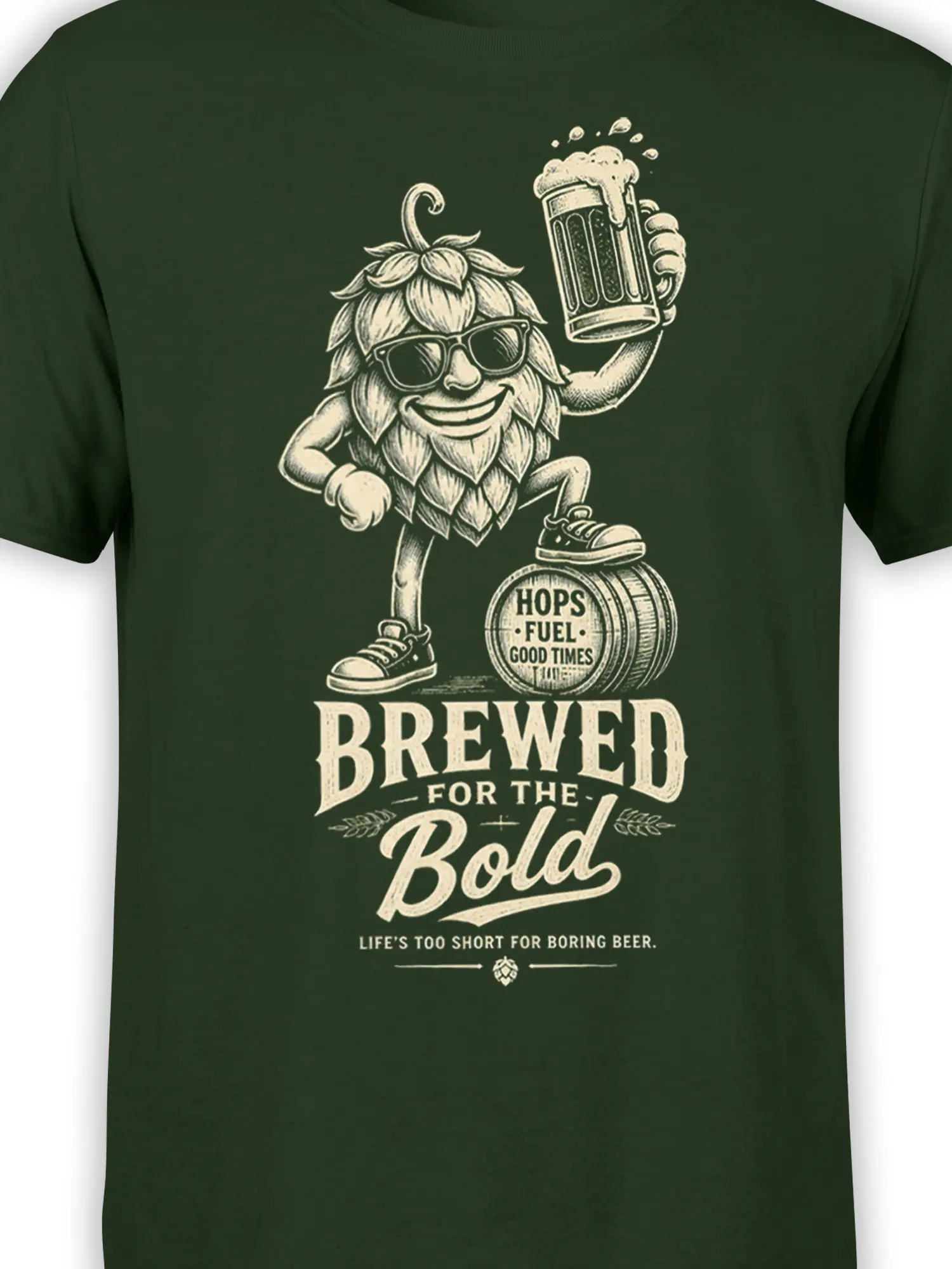 Close-up of hop character, beer mug, barrel, and Brewed for the Bold artwork on green fabric