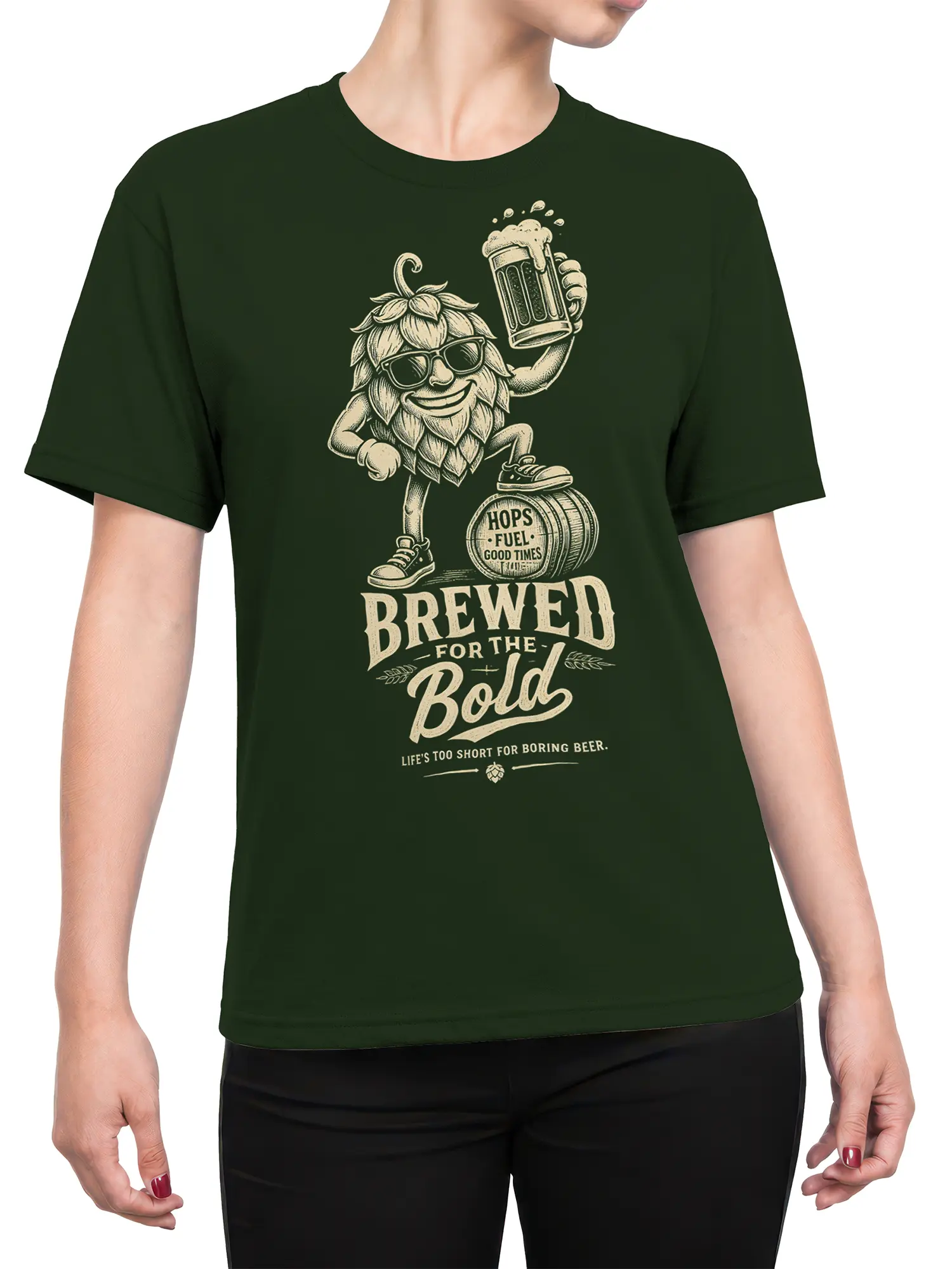 Female torso wearing a green shirt with a vintage hop character and bold beer graphic