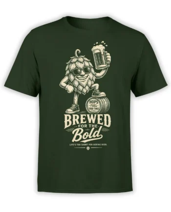 Vintage hop character holding a foaming beer mug on a green Brewed for the Bold beer shirt