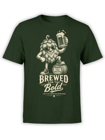 Vintage hop character holding a foaming beer mug on a green Brewed for the Bold beer shirt