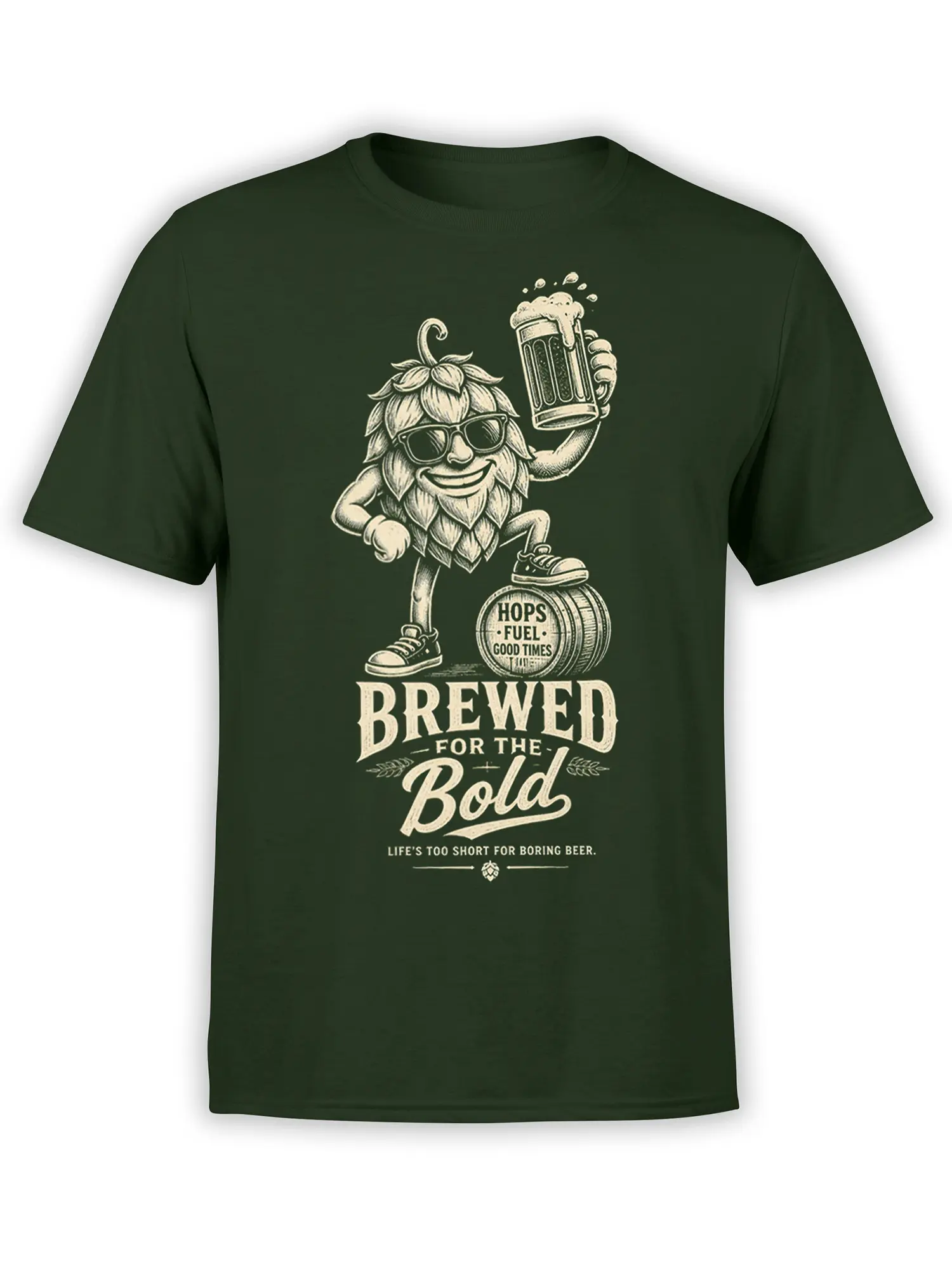Vintage hop character holding a foaming beer mug on a green Brewed for the Bold beer shirt