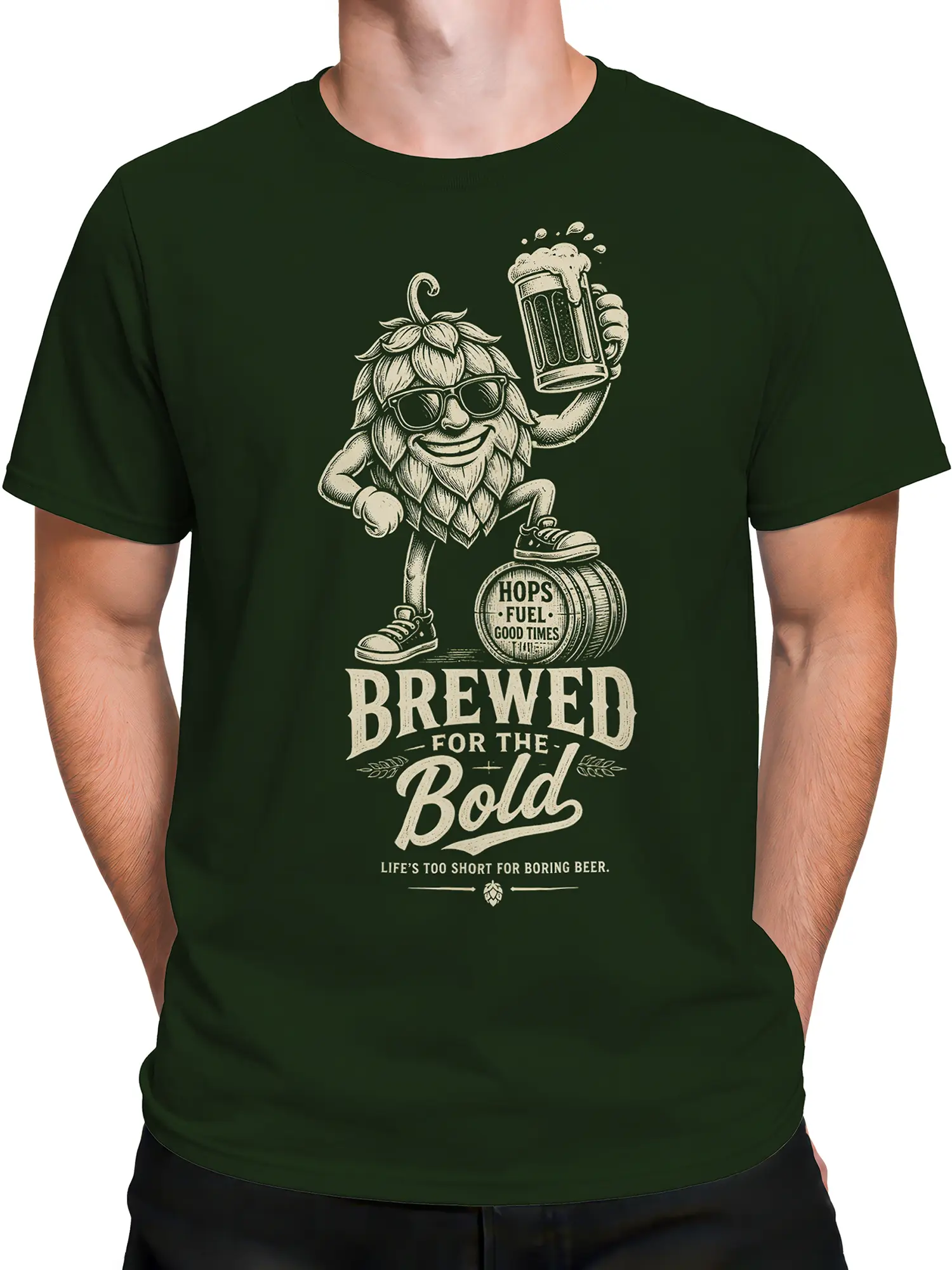 Male torso wearing a green Brewed for the Bold shirt with a vintage hop and beer graphic