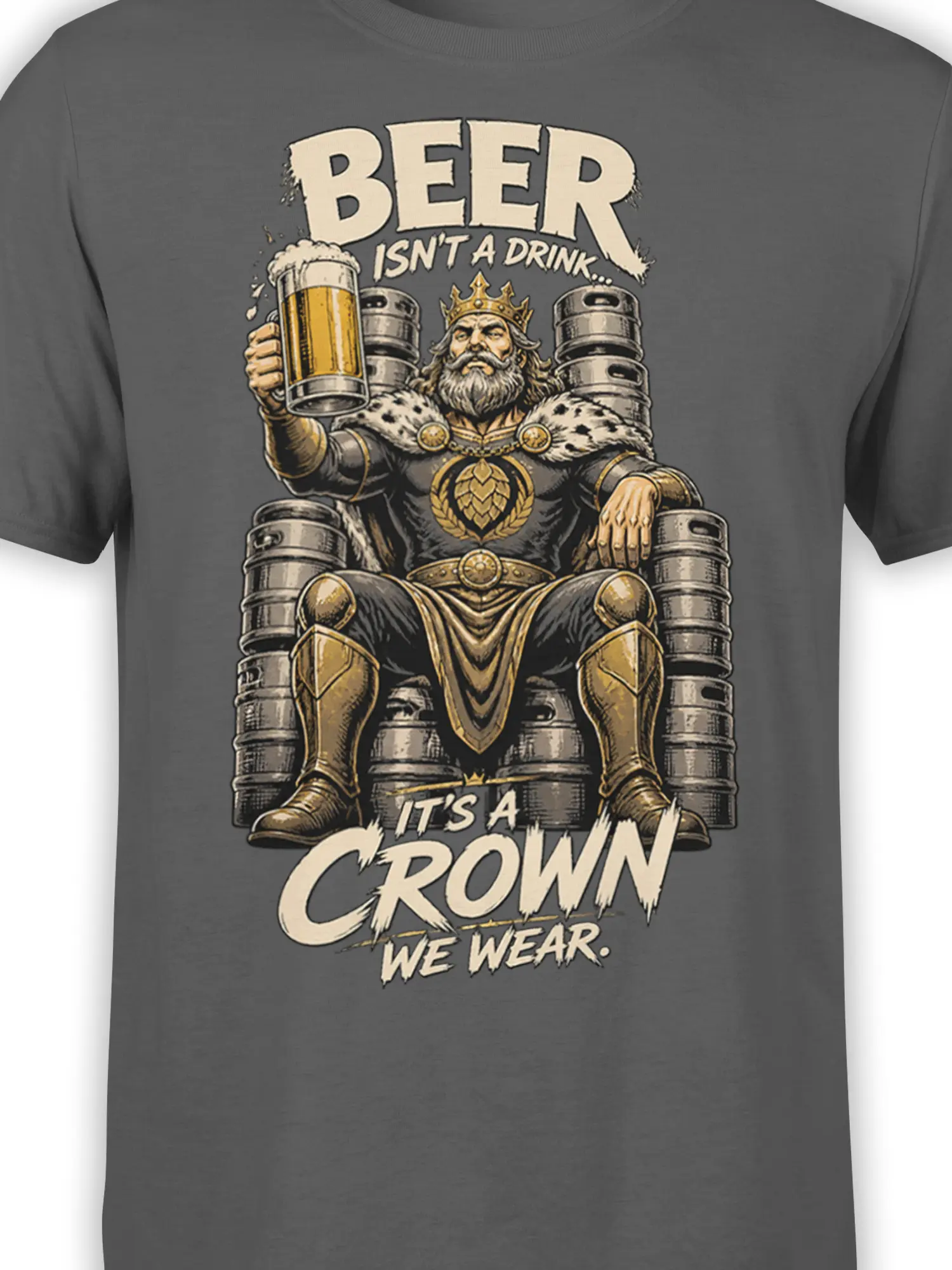 Close-up of the crowned barrel king beer design and bold vintage lettering on a gray T-shirt