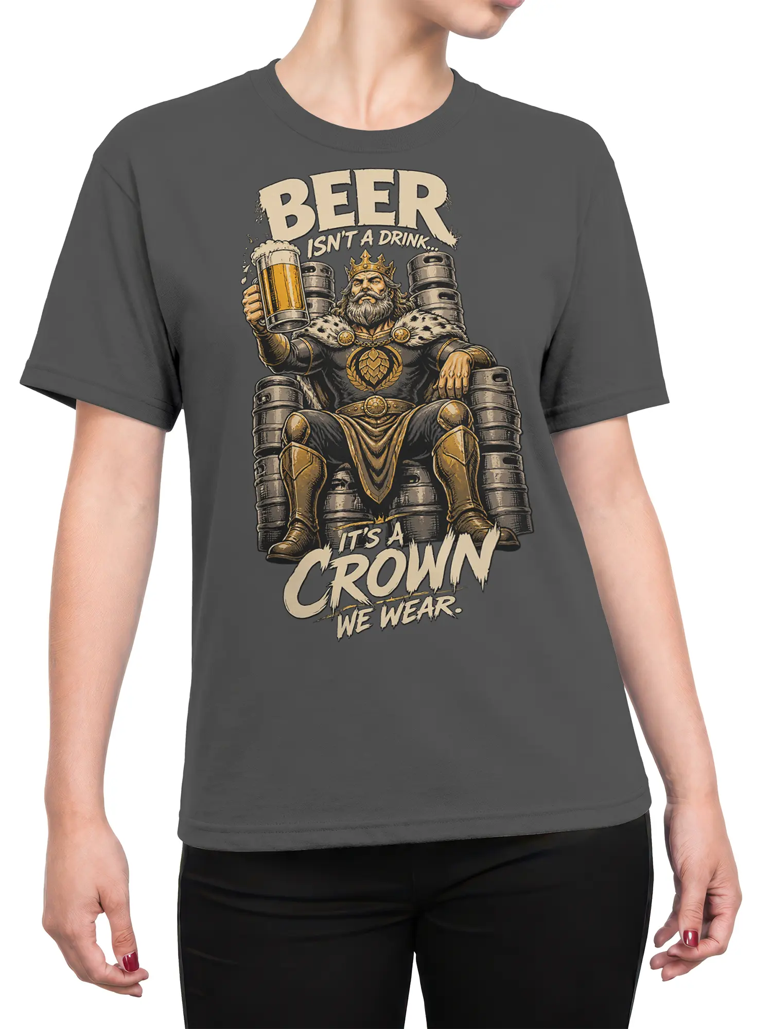 Female torso wearing a gray Barrel King beer T-shirt with a crowned king, mug, barrels, and vintage lettering