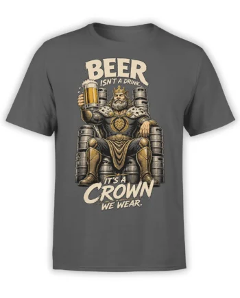 Gray beer T-shirt showing a crowned bearded king holding a mug on a throne made of beer barrels
