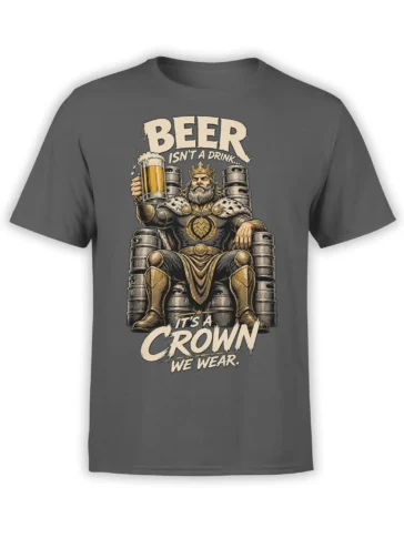 Gray beer T-shirt showing a crowned bearded king holding a mug on a throne made of beer barrels