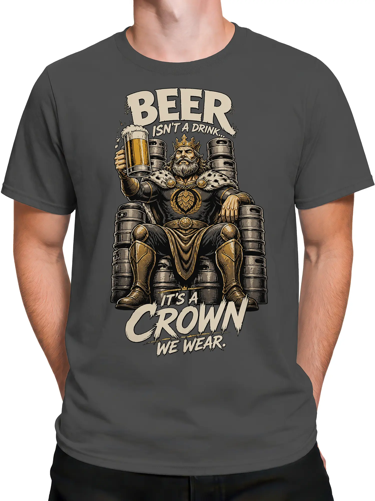 Male torso wearing a gray beer graphic T-shirt with a crowned king seated on a barrel throne