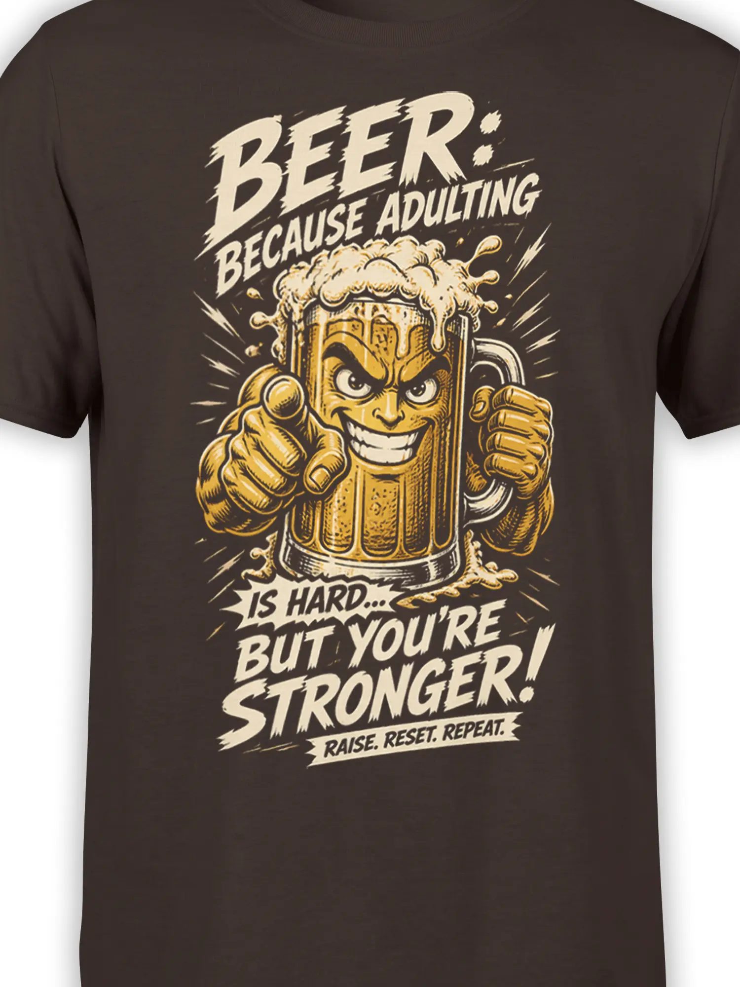 Close-up of the grinning beer mug graphic and adulting slogan printed on a brown T-shirt