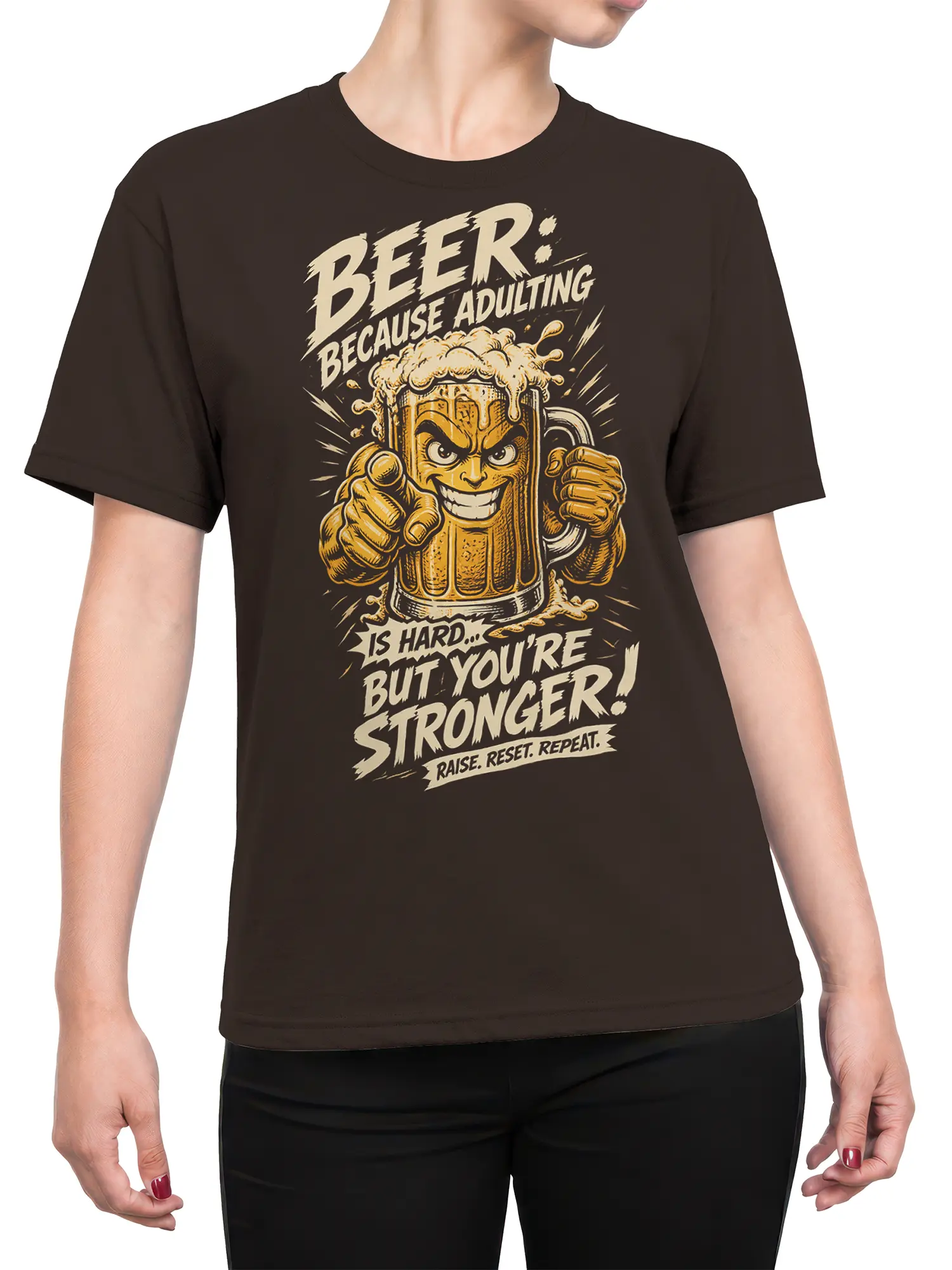 Female torso wearing a brown beer T-shirt with a grinning mug and bold vintage adulting message