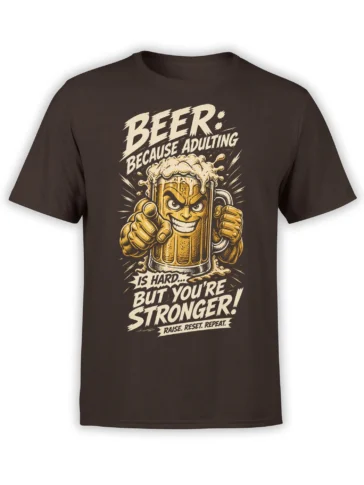 Brown T-shirt with a grinning beer mug, raised fists, and a bold adulting humor slogan