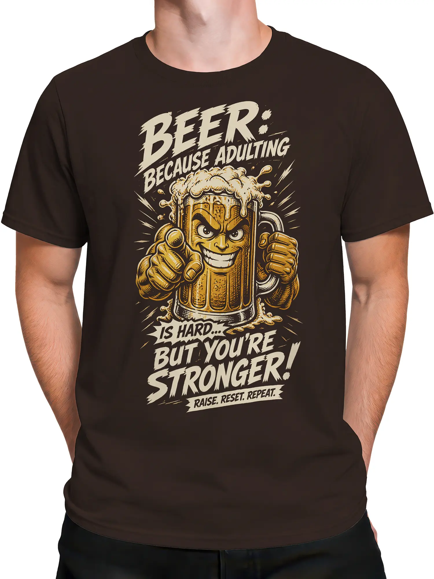 Male torso wearing a brown beer T-shirt with a bold beer mug and “Raise. Reset. Repeat.” design