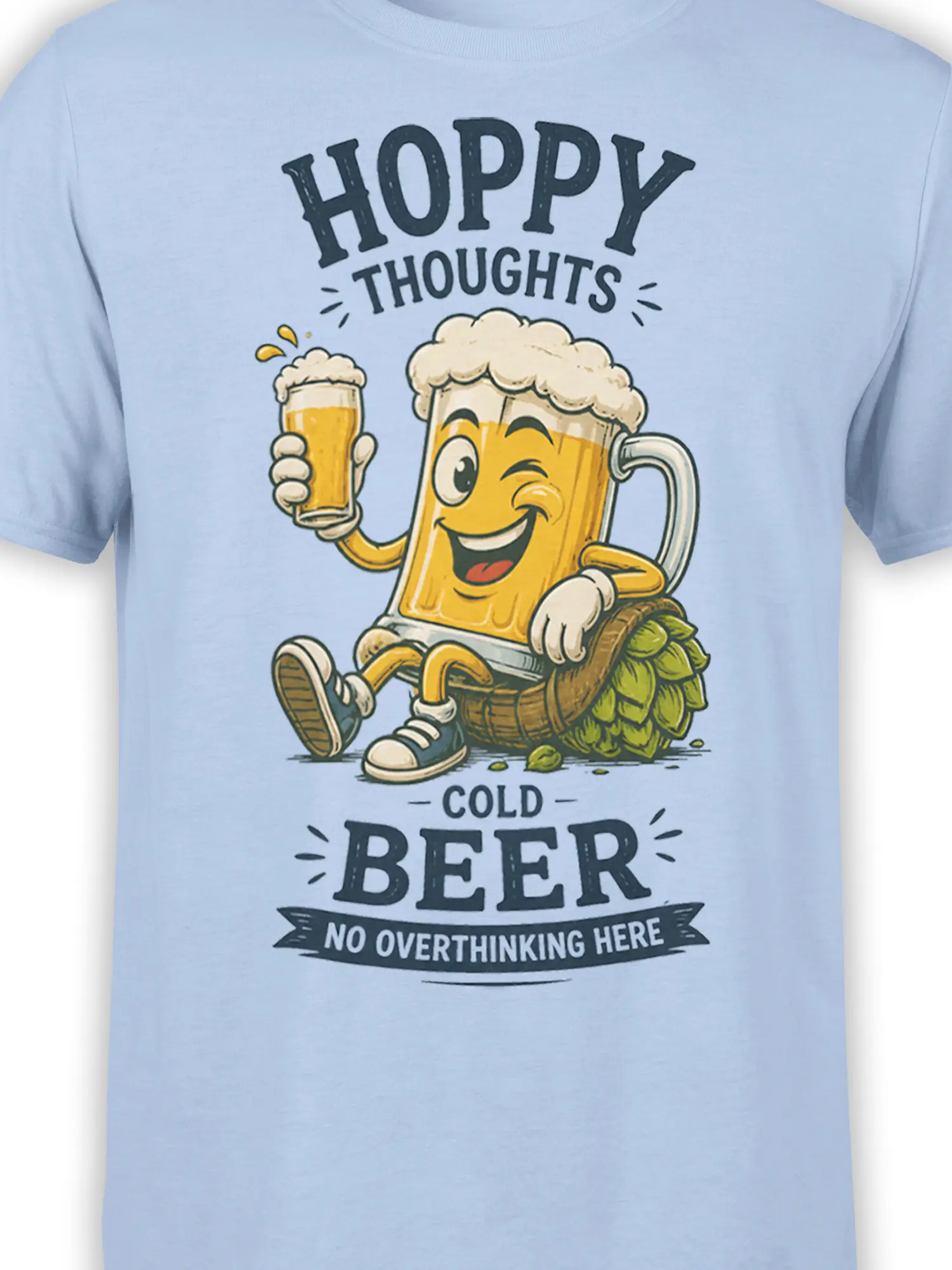 Close-up of cheerful beer mug artwork and cold beer lettering on a light blue graphic T-shirt
