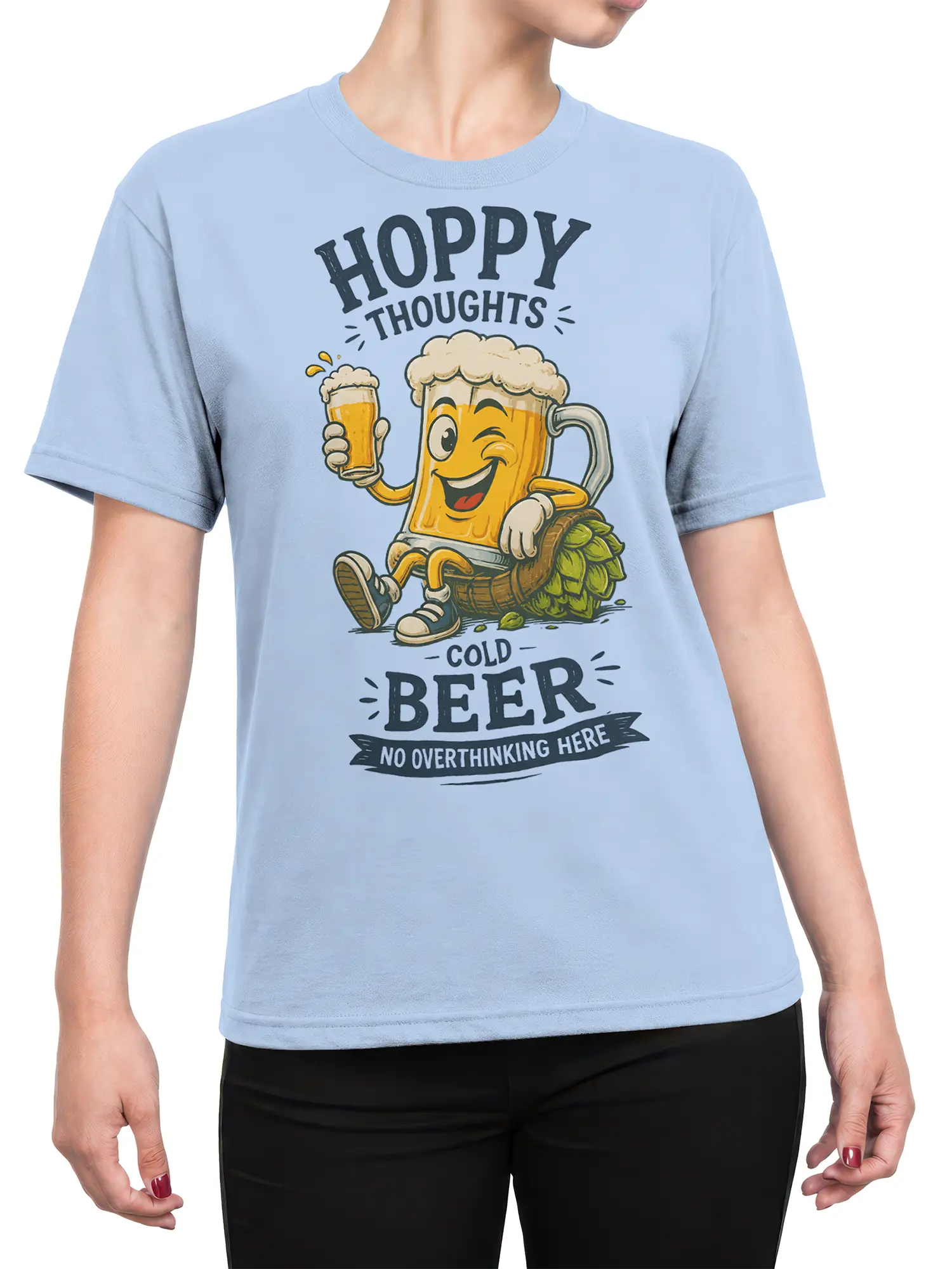 Female torso wearing a light blue beer T-shirt with a relaxed cartoon mug and no overthinking message