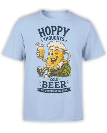 Light blue beer T-shirt with a cheerful cartoon mug, raised glass, and “No Overthinking Here” lettering