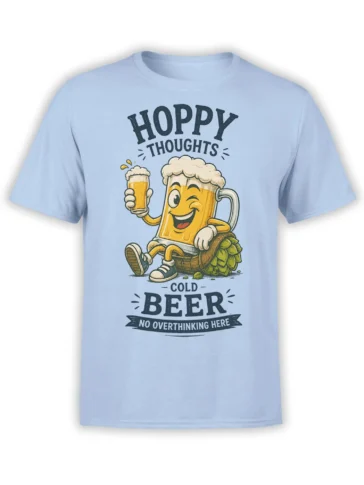 Light blue beer T-shirt with a cheerful cartoon mug, raised glass, and “No Overthinking Here” lettering