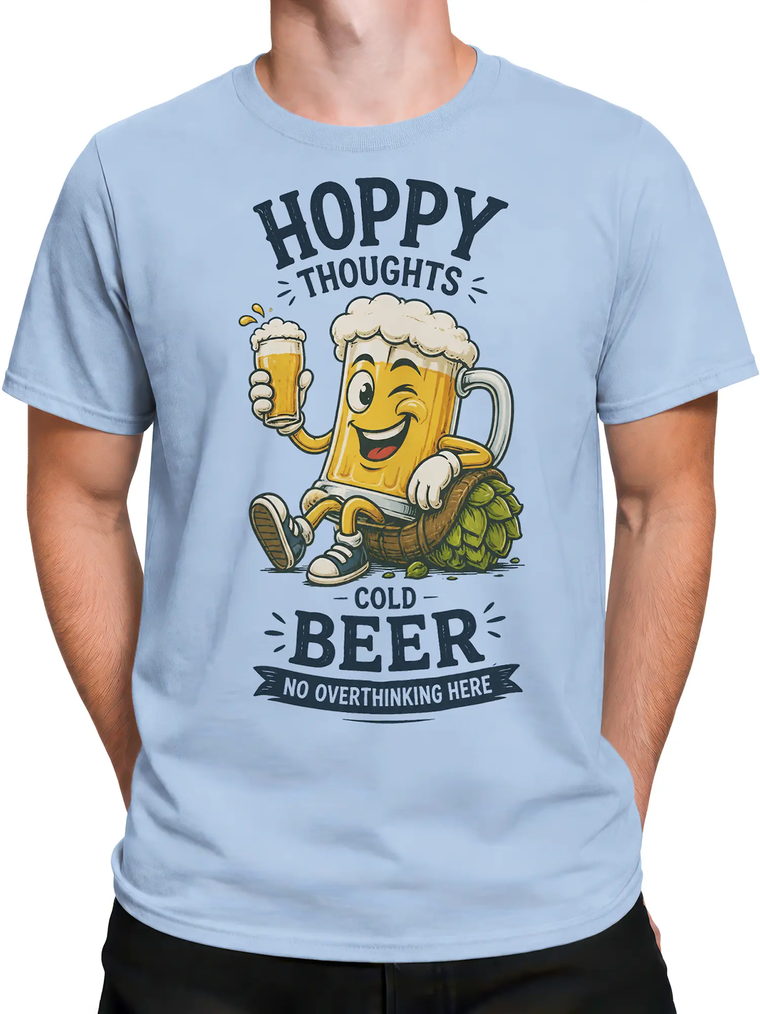 Male torso wearing a light blue beer T-shirt with cartoon mug artwork and bold pub-style lettering