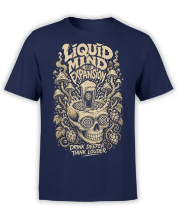 Psychedelic skull beer design with mushrooms, hops, and bold lettering on a navy T-shirt