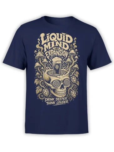 Psychedelic skull beer design with mushrooms, hops, and bold lettering on a navy T-shirt