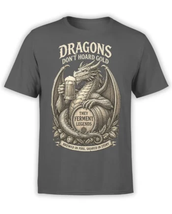 Gray dragon beer T-shirt with a winged dragon, foaming mug, wooden barrel, and vintage brewing text