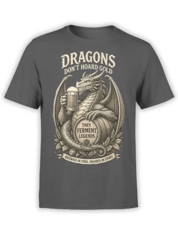 Gray dragon beer T-shirt with a winged dragon, foaming mug, wooden barrel, and vintage brewing text
