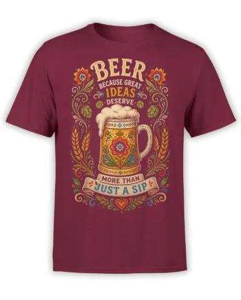 Ornate beer mug and floral lettering design on a burgundy beer T-shirt