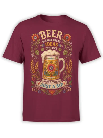 Ornate beer mug and floral lettering design on a burgundy beer T-shirt