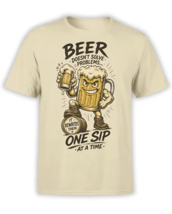 Beige beer t-shirt with a grinning anthropomorphic mug, raised glass, barrel, and bold one-sip-at-a-time lettering