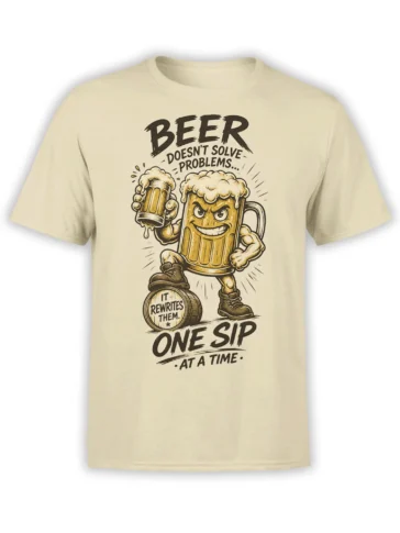 Beige beer t-shirt with a grinning anthropomorphic mug, raised glass, barrel, and bold one-sip-at-a-time lettering