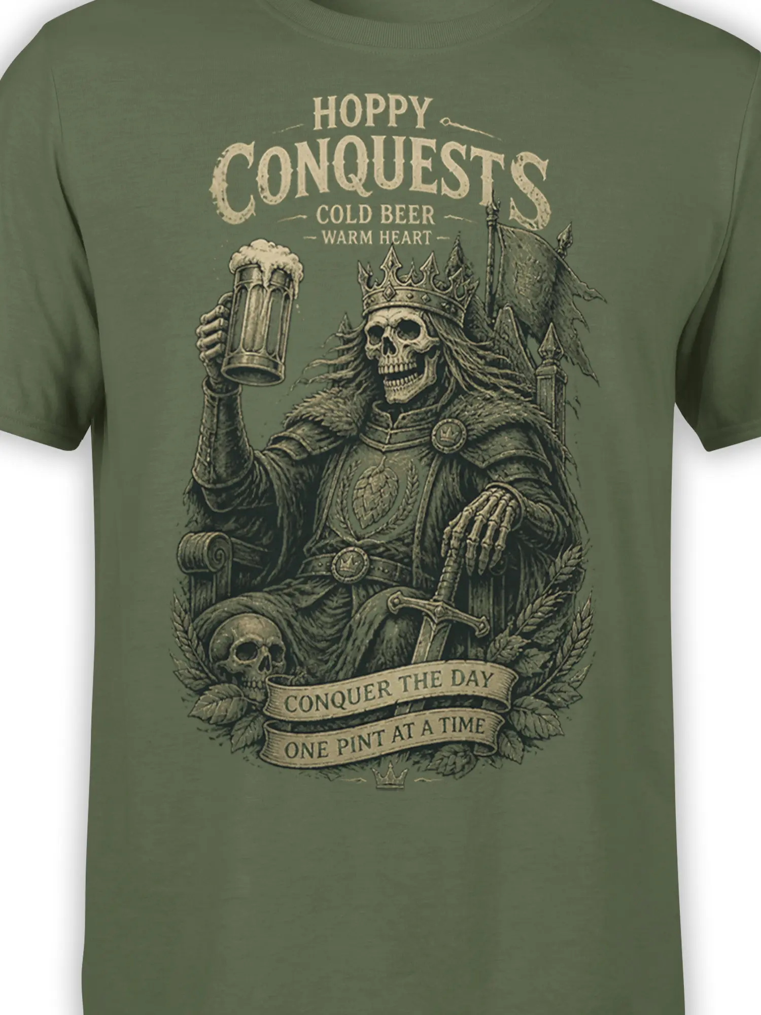Close-up of crowned skeleton king, beer pint, sword, and Hoppy Conquests lettering on a green shirt