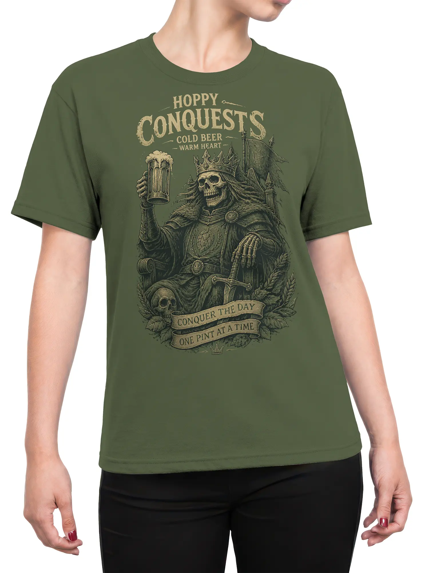 Female torso wearing a green shirt with a crowned skeleton king, beer pint, sword, and medieval banner design